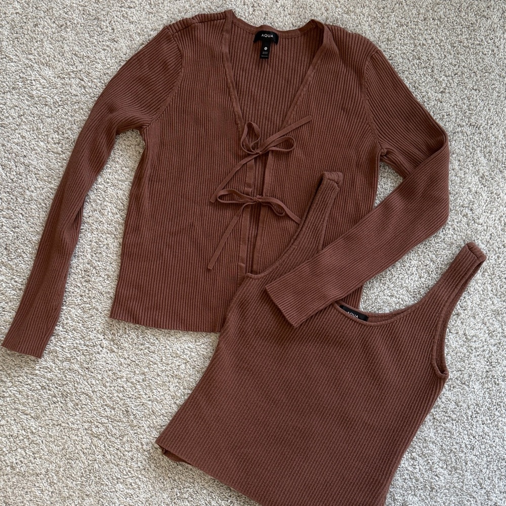 Aqua Ribbed Tie Top and Cardigan